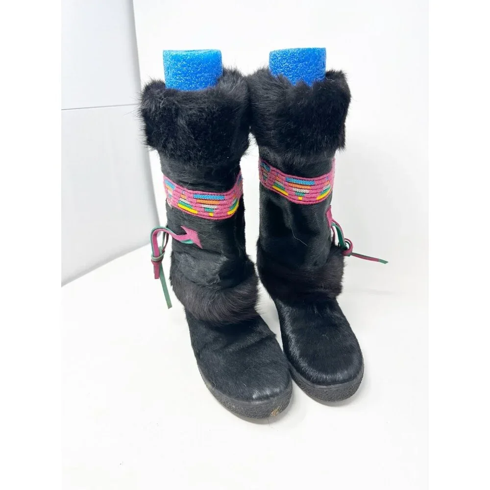Tecnica Womens Skandia Apres Ski Goat Hair Fur Boots Vintage Italy Black Size 37